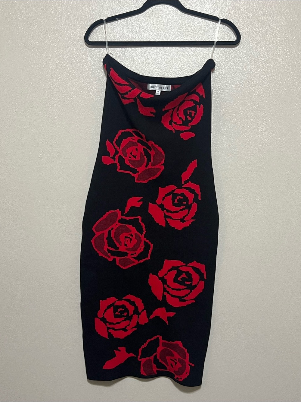 Madden Girl Black With Red Roses Strapless Midi Dress Knit Size Medium